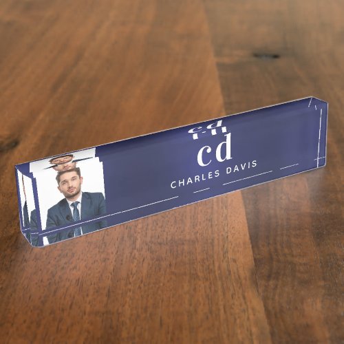 Navy blue white photo monogram initials  desk name plate