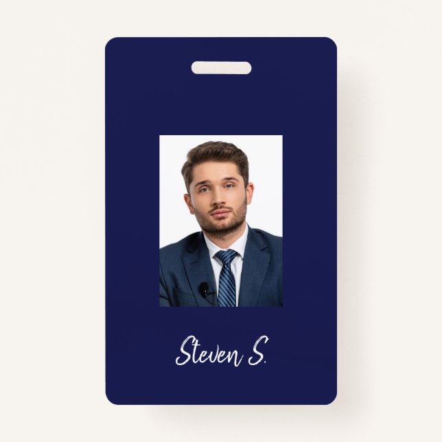 Navy blue white photo name badge (Front)