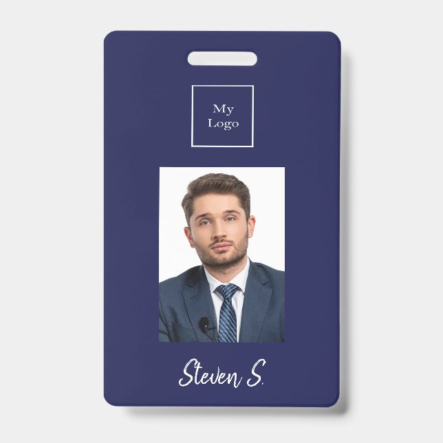 Navy blue white photo name business logo badge (Front)