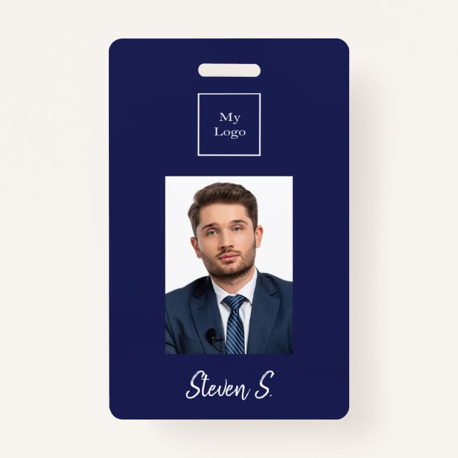 Navy blue white photo name business logo badge (Front)