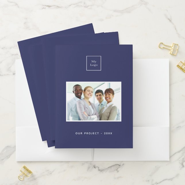 Navy blue white photo QR code logo business Pocket Folder (In Situ)