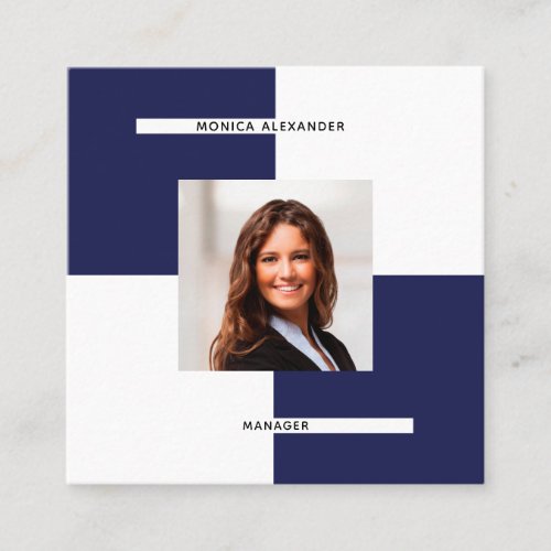 Navy blue white photo QR code modern Square Business Card