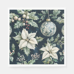 Navy Blue White Poinsettia Holly Christmas Napkins