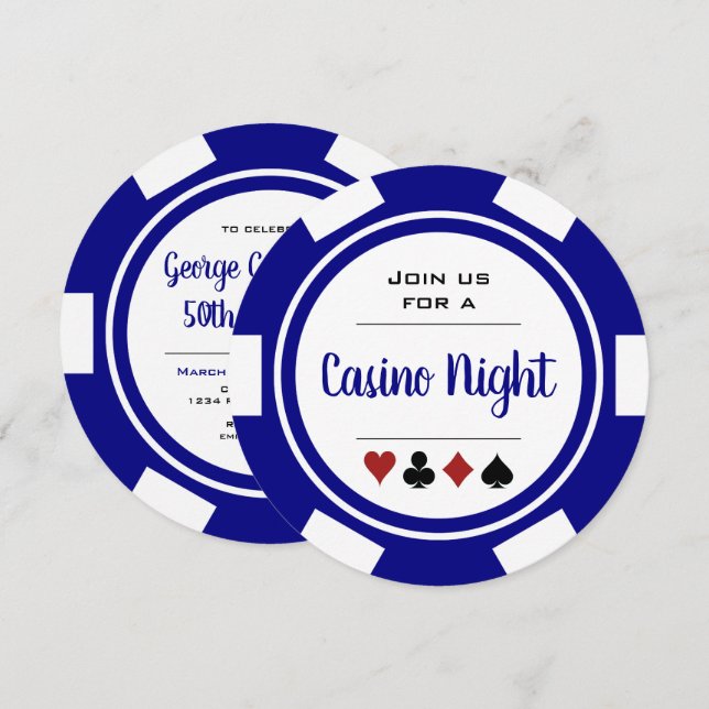 Navy Blue White Poker Chip Casino Night Birthday Invitation (Front/Back)