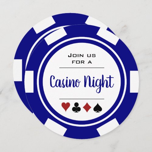 Navy Blue White Poker Chip Casino Night Birthday Invitation