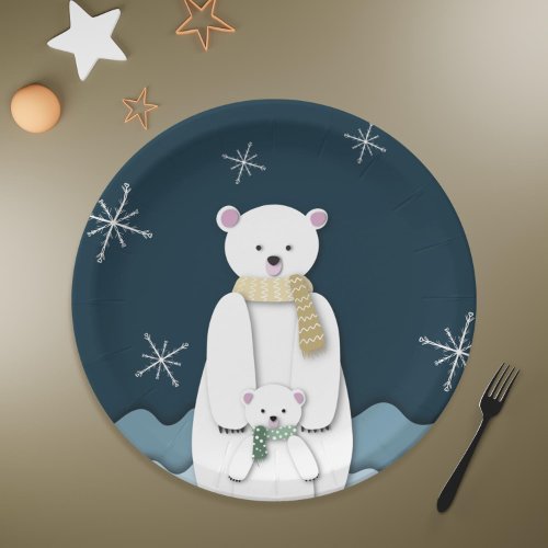 Navy Blue White Polar Bear Mom with Baby Party Paper Plates