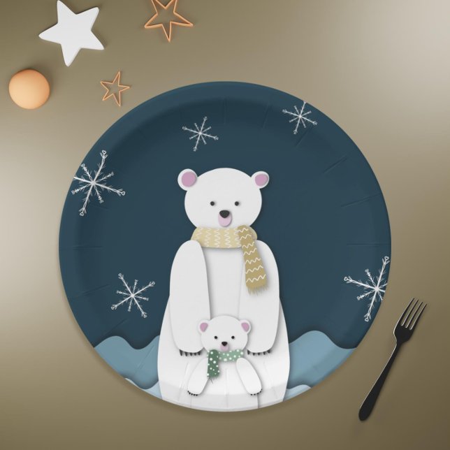 Navy Blue White Polar Bear Mom with Baby Party Paper Plates (Navy Blue White Polar Bear Mom with Baby Party Paper Plates)