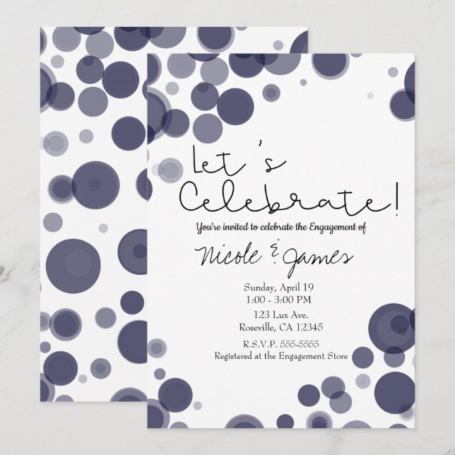 Navy Blue White Polka Dot Bubbles Let's Celebrate Invitation (Front/Back)