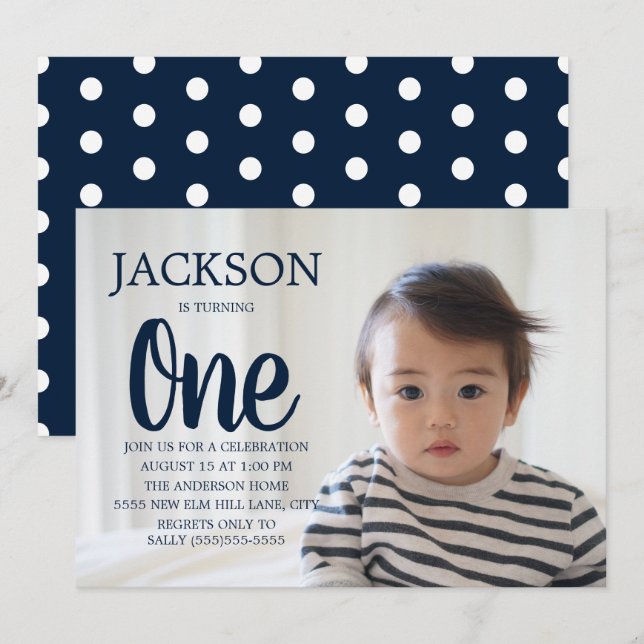 Navy Blue White Polka Dot Child's 1st Birthday Invitation (Front/Back)