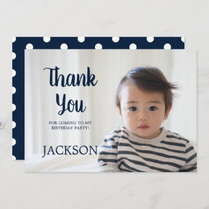 Navy Blue White Polka Dot Child's Birthday Thank Invitation