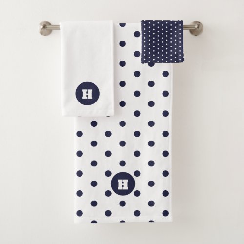 Navy Blue White Polka Dot Monogram Bath Towel Set