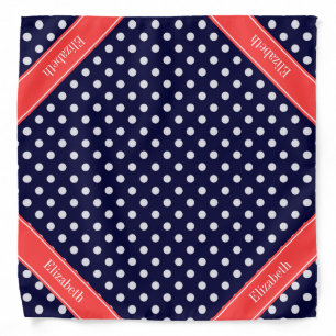 Navy Blue White Polka Dots Coral Name Monogram Bandana
