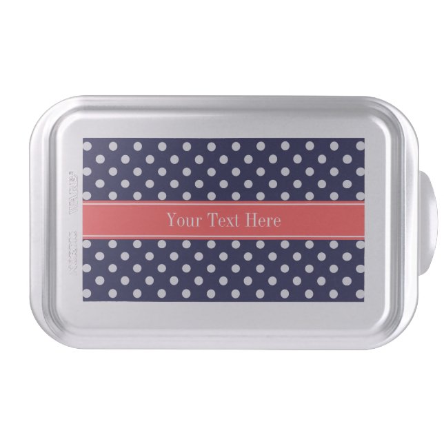 Navy Blue White Polka Dots Coral Name Monogram Cake Pan (Front)