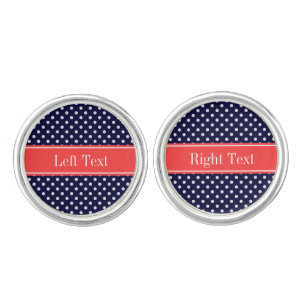 Navy Blue White Polka Dots Coral Name Monogram Cufflinks
