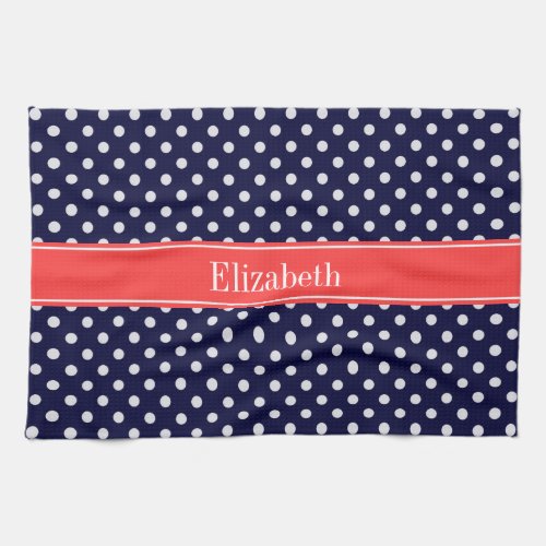 Navy Blue White Polka Dots Coral Name Monogram Kitchen Towel