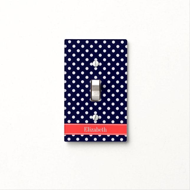 Navy Blue White Polka Dots Coral Name Monogram Light Switch Cover (In Situ)