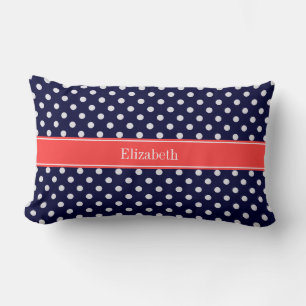Navy Blue White Polka Dots Coral Name Monogram Lumbar Pillow
