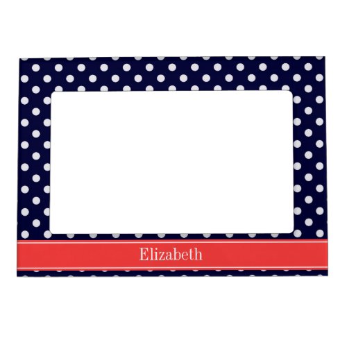 Navy Blue White Polka Dots Coral Name Monogram Magnetic Picture Frame