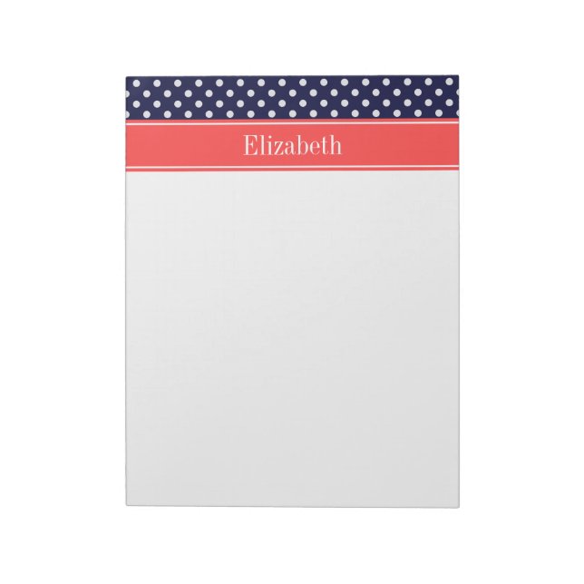 Navy Blue White Polka Dots Coral Name Monogram Notepad (Rotated)