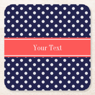 Navy Blue White Polka Dots Coral Name Monogram Square Paper Coaster