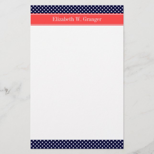 Navy Blue White Polka Dots Coral Name Monogram Stationery (Front)