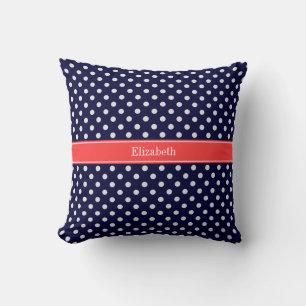 Navy Blue White Polka Dots Coral Name Monogram Throw Pillow