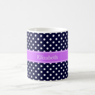 Navy Blue White Polka Dots Lilac Name Monogram Coffee Mug