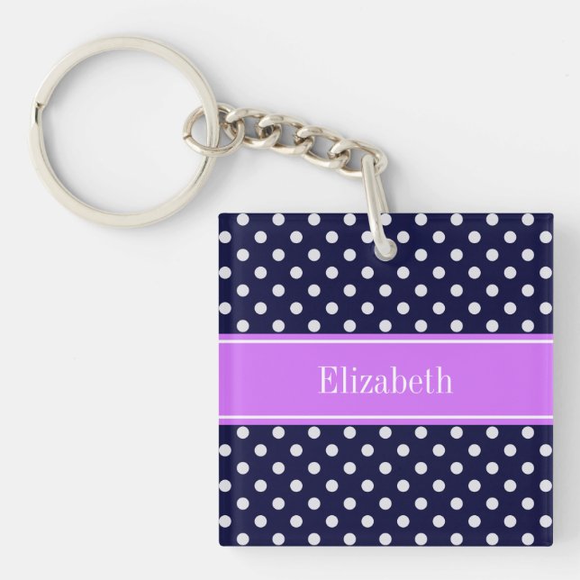 Navy Blue White Polka Dots Lilac Name Monogram Keychain (Front)