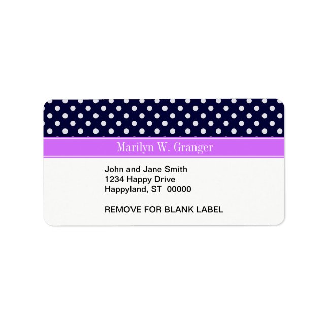 Navy Blue White Polka Dots Lilac Name Monogram Label (Front)