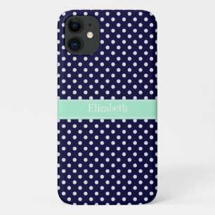 Navy Blue White Polka Dots Mint Name Monogram iPhone 11 Case