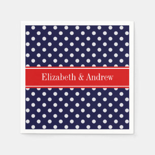 Navy Blue White Polka Dots Red Name Monogram Napkins