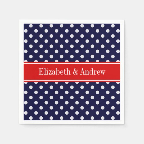 Navy Blue White Polka Dots Red Name Monogram Napkins