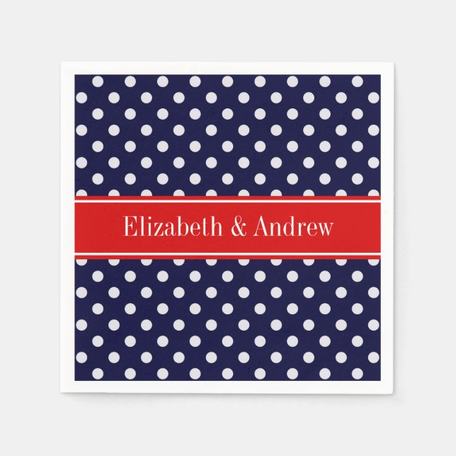 Navy Blue White Polka Dots Red Name Monogram Napkins (Front)