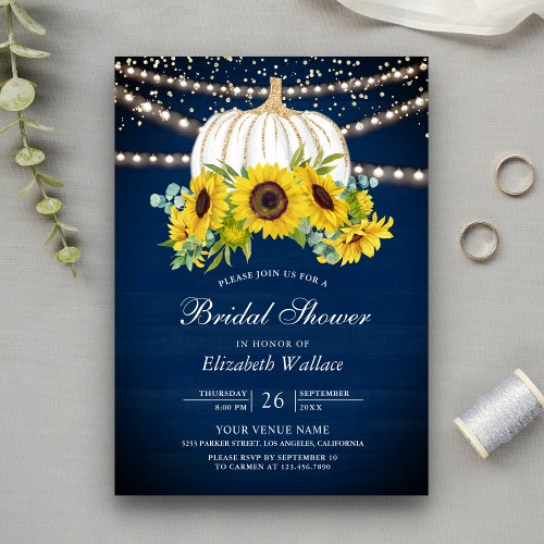 Navy Blue White Pumpkin Sunflowers Bridal Shower Invitation