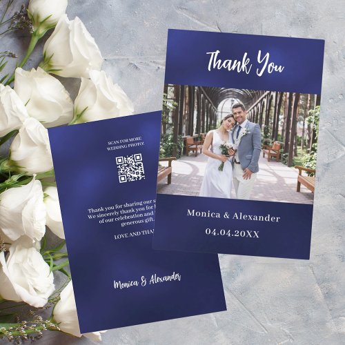 Navy blue white QR wedding photo thank you card