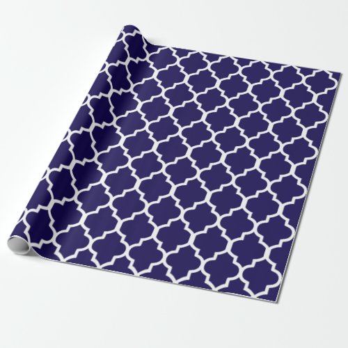 Navy Blue White Quatrefoil Custom Background Color Wrapping Paper
