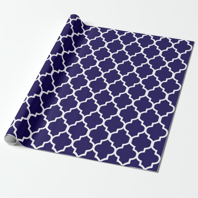 Navy Blue White Quatrefoil Custom Background Color Wrapping Paper (Unrolled)