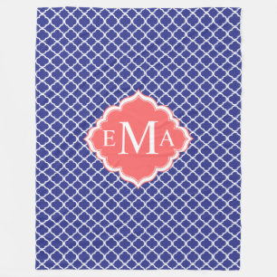 Navy Blue & White Quatrefoil Geometric Pattern Fleece Blanket