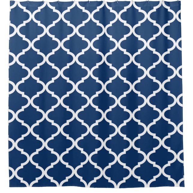 Navy Blue White Quatrefoil Lattice Shower Curtain (Front)
