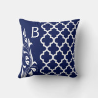 Navy Blue Quatrefoil White Monogram L Throw Pillow for Sale by