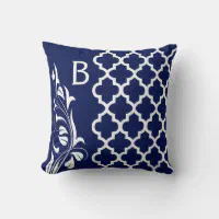 Navy Blue Quatrefoil White Monogram L Throw Pillow for Sale by