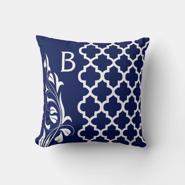 Navy Blue & White Quatrefoil Monogram Floral Throw Pillow (Front)