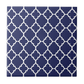 Navy Blue White Quatrefoil Moroccan Pattern Ceramic Tile