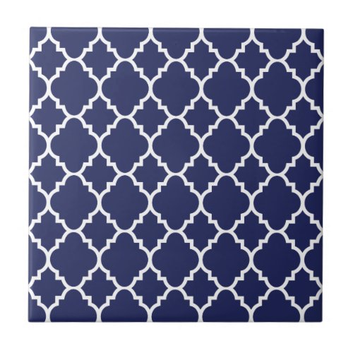 Navy Blue White Quatrefoil Moroccan Pattern Ceramic Tile