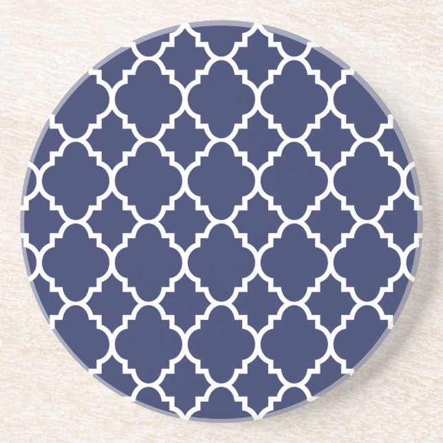 Navy Blue White Quatrefoil Moroccan Pattern Drink Coaster (Front)