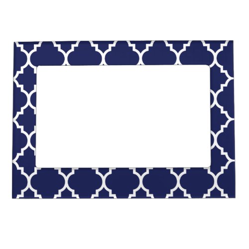 Navy Blue White Quatrefoil Moroccan Pattern Magnetic Picture Frame