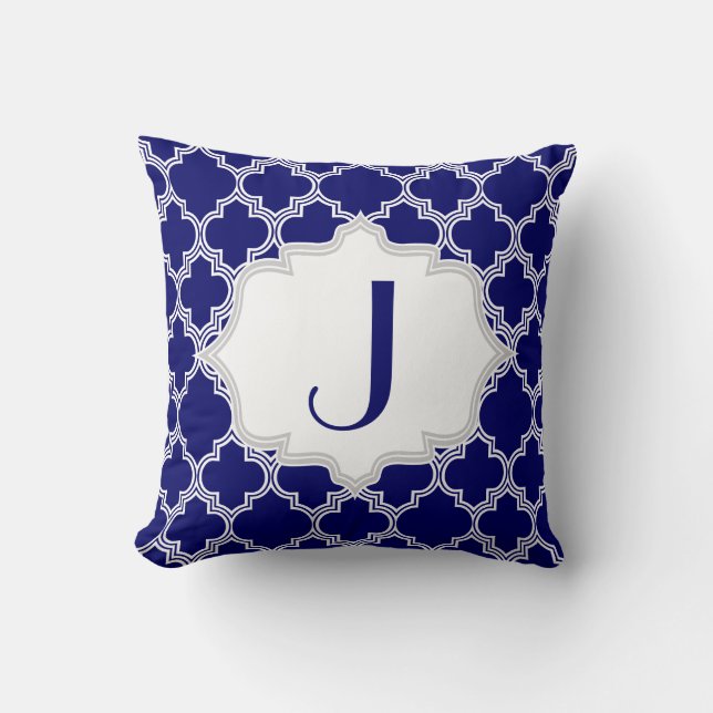 Navy blue, white quatrefoil Moroccan pattern throw Pillow (Front)