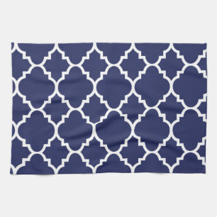 Navy Blue White Quatrefoil Moroccan Pattern Towel