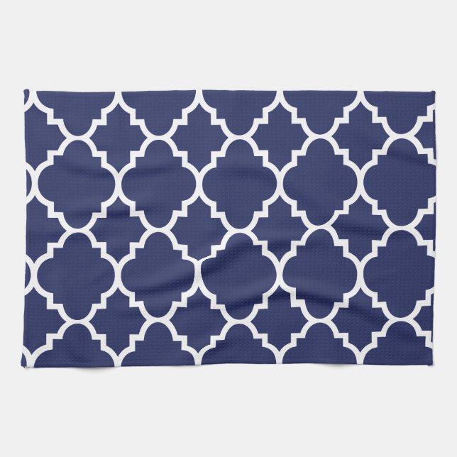 Navy Blue White Quatrefoil Moroccan Pattern Towel (Horizontal)