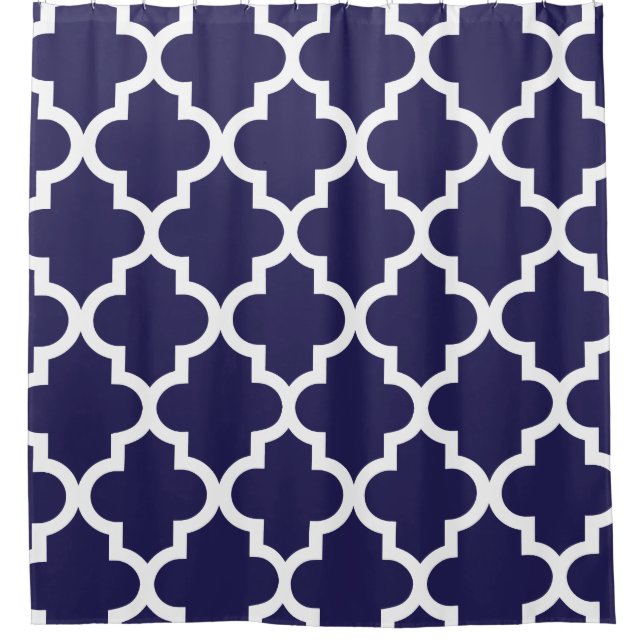 Navy Blue White Quatrefoil Pattern Shower Curtain (Front)